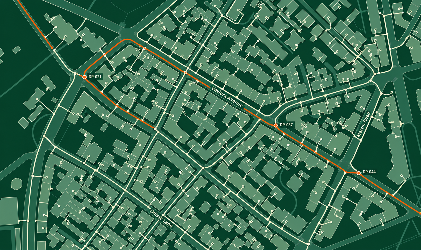 Illustrative urban FTTH fibre network map of a fictional city